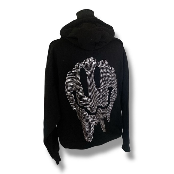 YOURS TRULY “FAKE SMILES” PHORA Fleece Hoodie Medium Black Silver Rhinestones - Picture 7 of 10